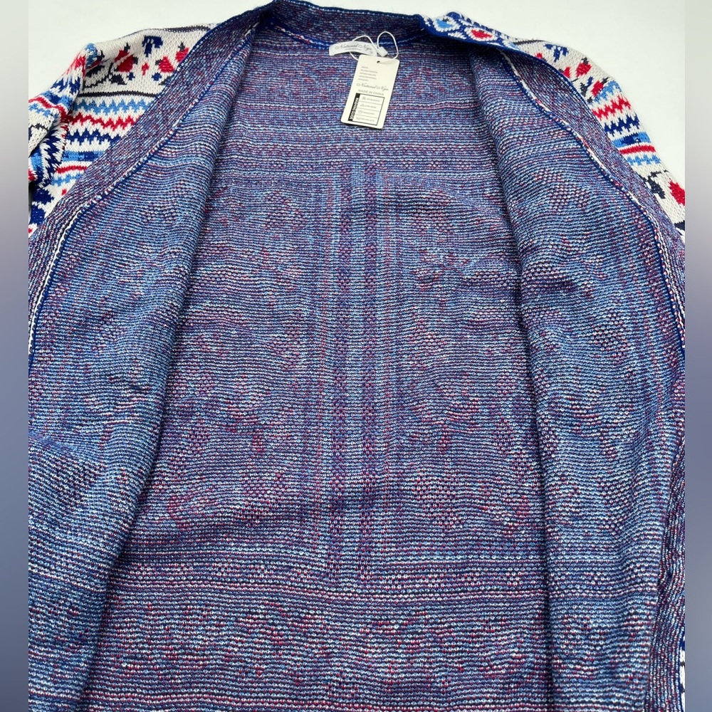 Natural Nga Blue Red Pineapple Intarsia Knit‎ Longline Cardigan Sweater M NWT - Picture 6 of 8